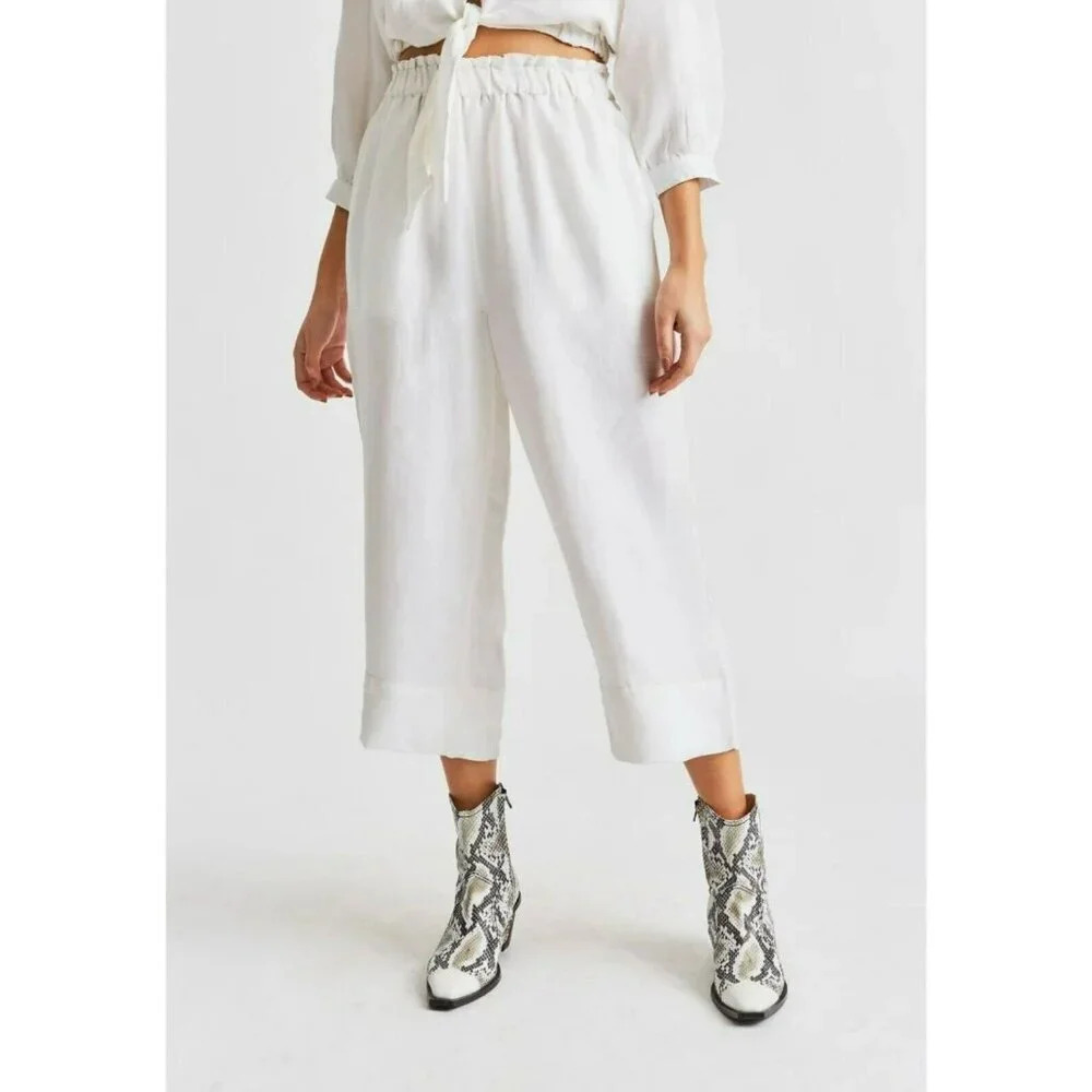 Brixton Luna Paper Bag Pants Size XL White Linen Blend Cropped Wide Leg Pockets